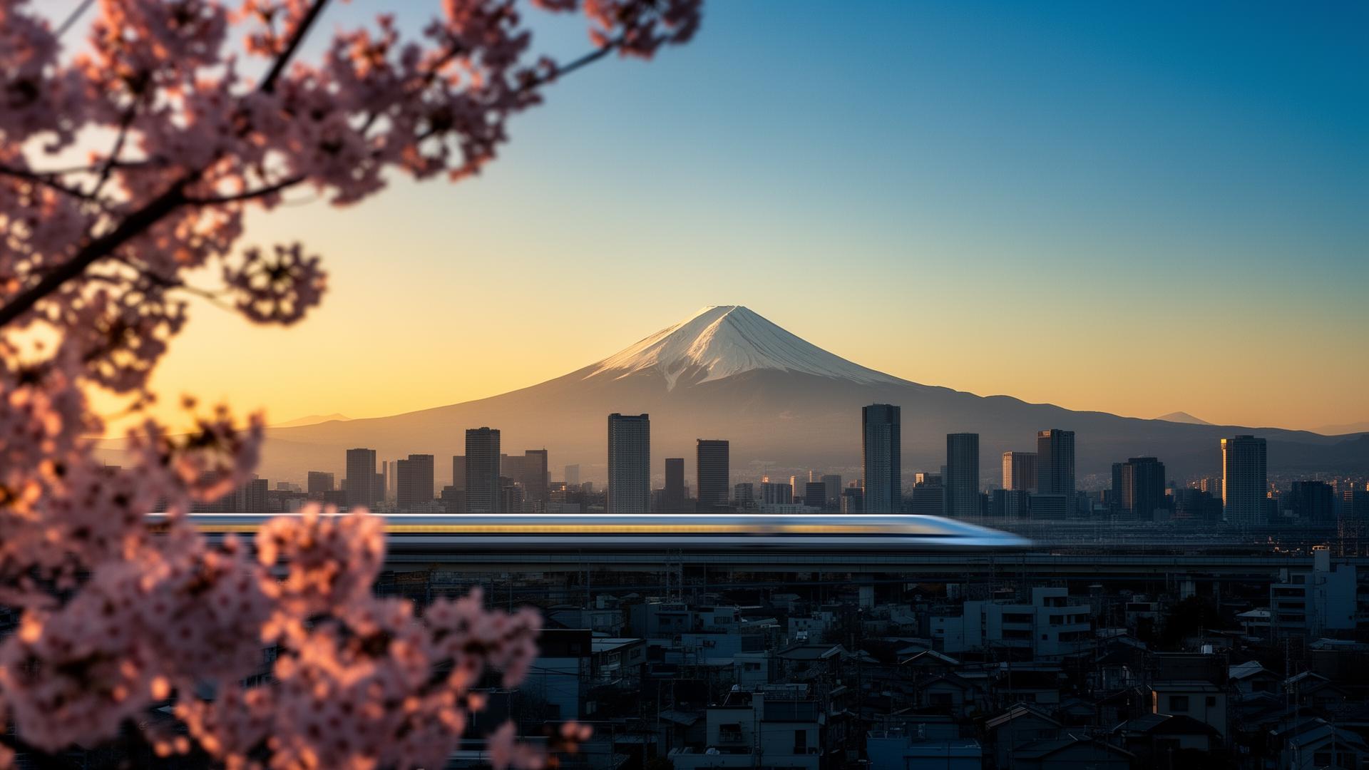 Pemandangan Jepang dengan Gunung Fuji dan Shinkansen